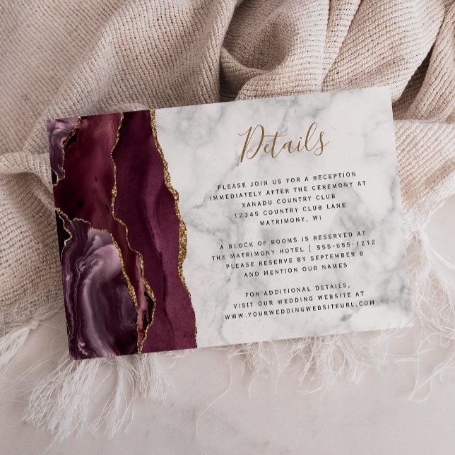 Moderna Burgundy Guld Agat Marmor Bröllopsdetaljer Tilläggskort (Skapare uppladdad)