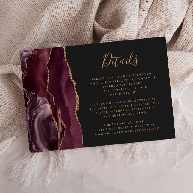 Moderna Burgundy Guld Agat Mörka Bröllopsdetaljer Tilläggskort (Skapare uppladdad)