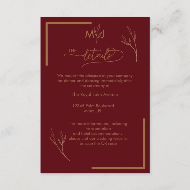 Moderna Burgundy-monogram- bröllopsdetaljer Tilläggskort (Framsida)