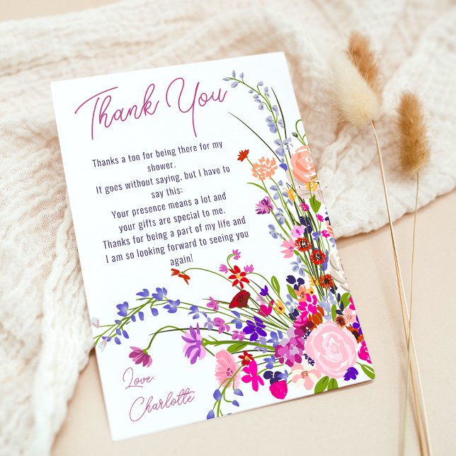 Moderna chic vilda blommor skript bröllopsdusch tack kort (Modern chic wild flowers script bridal shower thank you card)