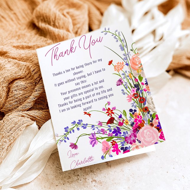 Moderna chic vilda blommor skript bröllopsdusch tack kort (Modern chic wild flowers script bridal shower thank you card)