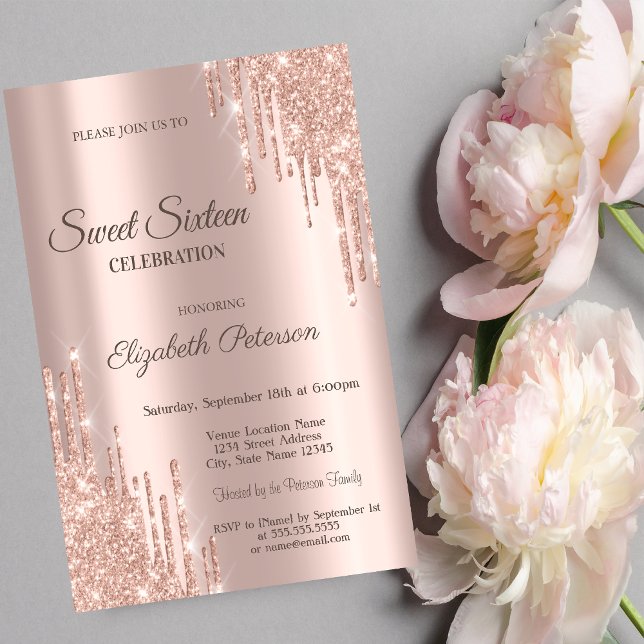 Moderna Coola Glitterdroppar Roséguld  Sweet 16 Inbjudningar (Skapare uppladdad)