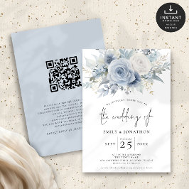 Moderna dammiga blå blommor QR-kod bröllop Inbjudningar