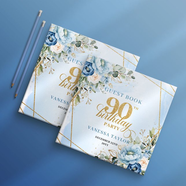 Moderna dammiga blå blommor Skript 90-årsdag Gästböcker (Modern Dusty Blue Flowers Script 90th Birthday Guest Book

)
