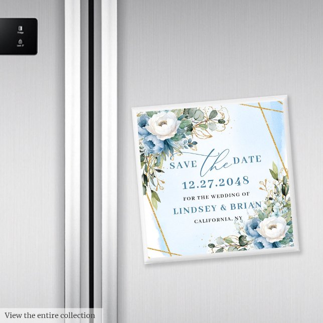Moderna dammiga blå kronsammetsblommor guld sparad magnet (Modern Dusty Blue Peonies Gold Save the Date Magnet)
