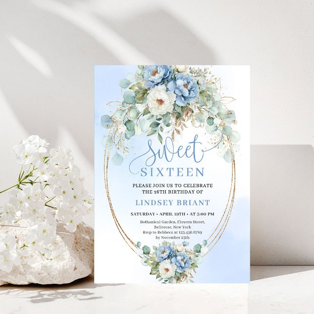 Moderna dammiga blå peonior Eukalyptus Guld Sweet  Inbjudningar (Modern Dusty Blue Peonies Eucalyptus Gold Sweet 16)
