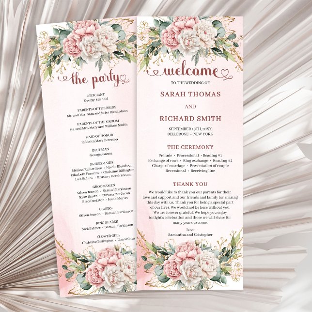 Moderna dammiga rosa blommor grönska bröllopsprogr program (Modern Dusty Pink Flowers Greenery Wedding Program)