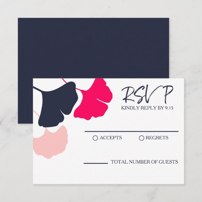 Moderna djärva Navy, rosa ginkgo blad bröllop RSVP OSA Kort (Fram/baksida)