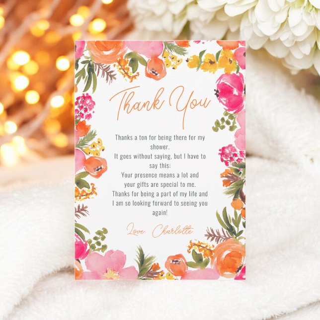 Moderna djärva orangea blommor script bröllopsdusc tack kort (Modern bold orange flowers script bridal shower thank you card)