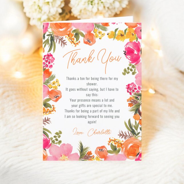 Moderna djärva orangea blommor script bröllopsdusc tack kort (Modern bold orange flowers script bridal shower thank you card)