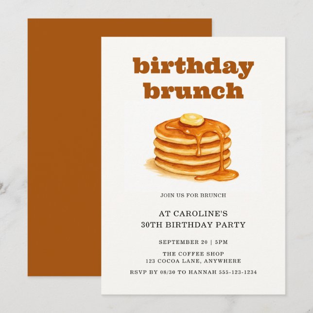 Moderna djärva pannkakor vuxen födelsedagsbrunch inbjudningar (Fram/baksida)