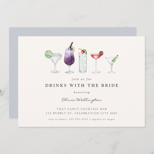 Moderna drycker med Bride Watercolor Cocktails Inbjudningar (Fram/baksida)