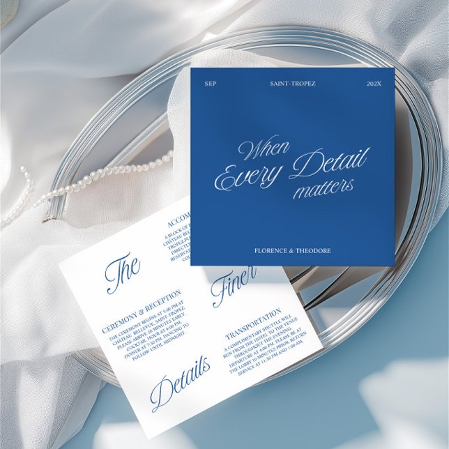 Moderna Eleganta Blå & Vita Bröllopsdetaljkort Inbjudningar (Modern Elegant Blue & White Wedding Details Card)