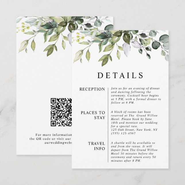 Moderna Eleganta Eukalyptusblad QR-kod Bröllop Tilläggskort (Fram/baksida)