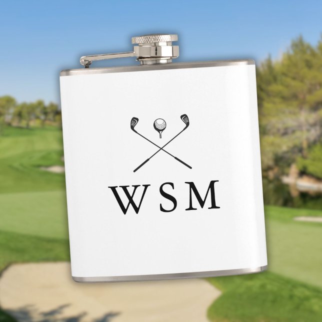 Moderna Eleganta Golfklubbor med Anpassad Monogram Fickplunta (Modern Elegant Custom Monogram Golf Clubs Flask)