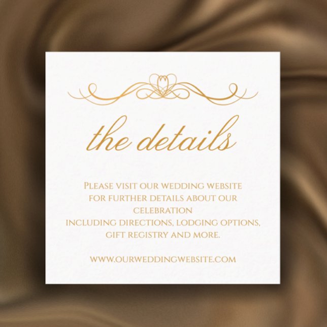 Moderna Eleganta Guld & Vita Bröllopsdetaljer Tilläggskort (Add your own words for a custom elegant gold and white details enclosure card with wedding QR code)