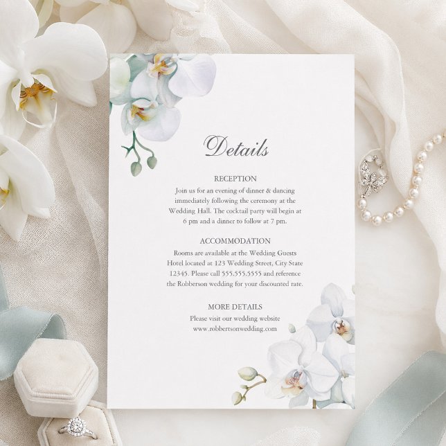 Moderna Eleganta Vita Orkidéer Bröllopsdetaljer  Inbjudningar (Modern Elegant White Orchids Wedding Details Invitation)