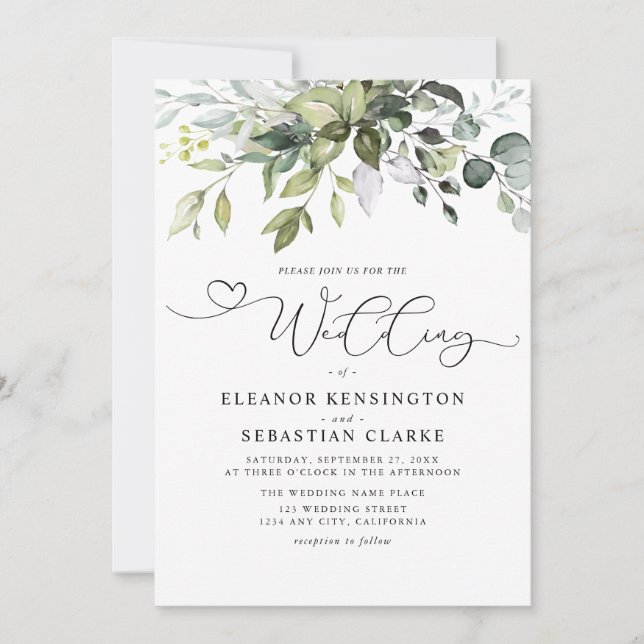 Moderna Eucalyptusblad Whimsical Script Bröllop Inbjudningar (Framsida)