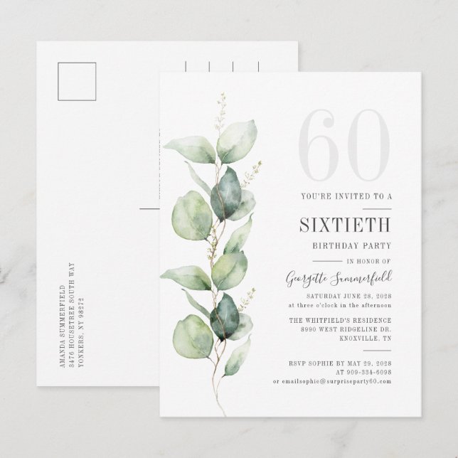Moderna Eukalyptus Vattenfärg Blad 60-årsdag Inbjudan Vykort (Fram/baksida)