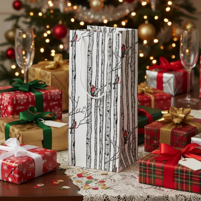 Moderna fågelfåglar i Träd och rödkardinalfåglar (Festive Merry Christmas Rustic Birch Trees & Red Cardinal Birds Winter Wine Gift Bag in White.)