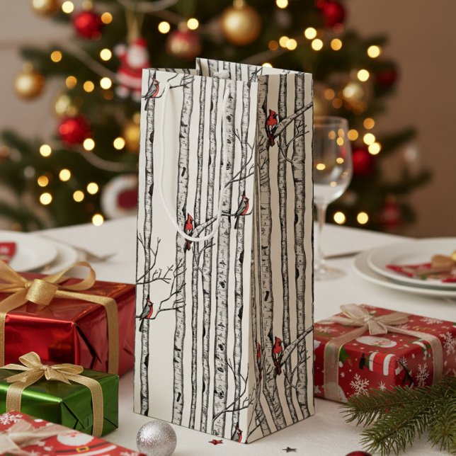 Moderna fågelfåglar i Träd och rödkardinalfåglar (Festive Merry Christmas Rustic Birch Trees & Red Cardinal Birds Winter Elegant Ivory Wine Gift Bag )
