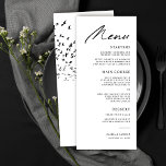 Moderna fåglar i Feather Black and White Bröllop Meny<br><div class="desc">Dessa moderna menyer i snyggt bröllop är lätta att anpassa! De har topografi i eleganten,  "Menu" i rent svart,  samt en flock fåglar på baksidan.</div>