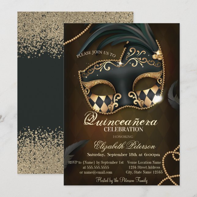 Moderna Falska Guld Diamanter Masquerade Quinceañe Inbjudningar (Fram/baksida)