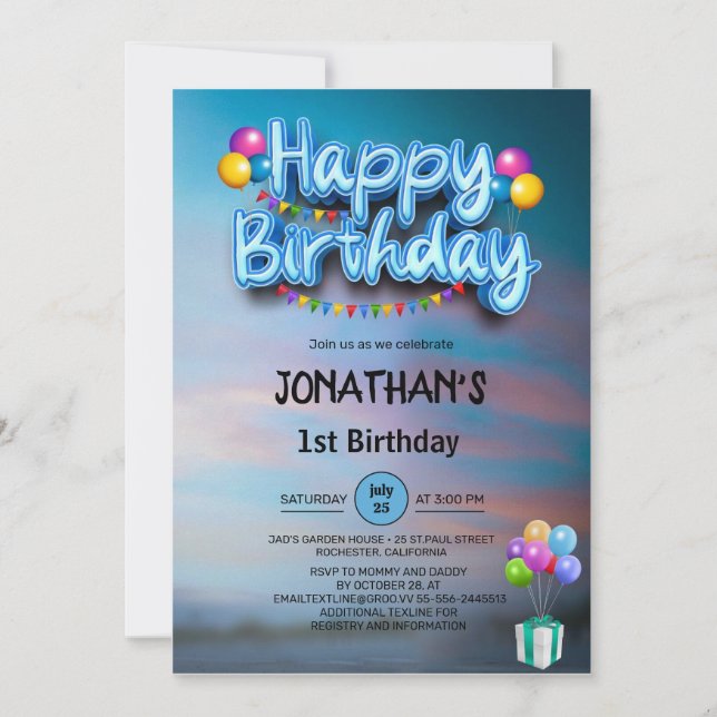 Moderna färgglada ballonger 1-års födelsedagsfest  inbjudningar (Framsida)