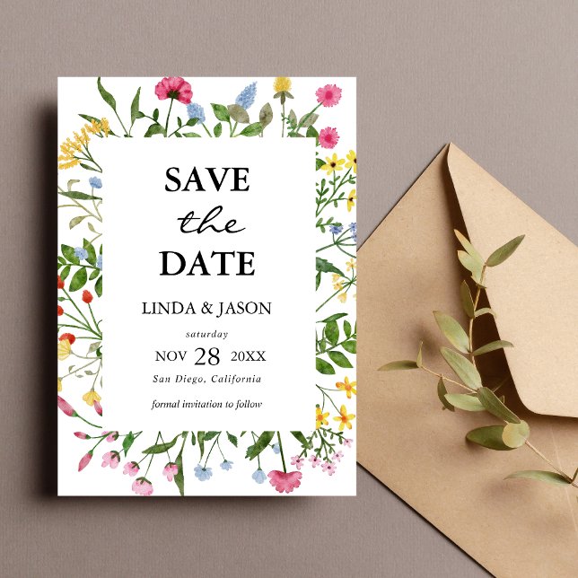 Moderna Färgglada Vilda Blommor Bröllop Spara Datu Inbjudningar (Modern colorful wildflower save the date invites announce your day with fresh joyful style)