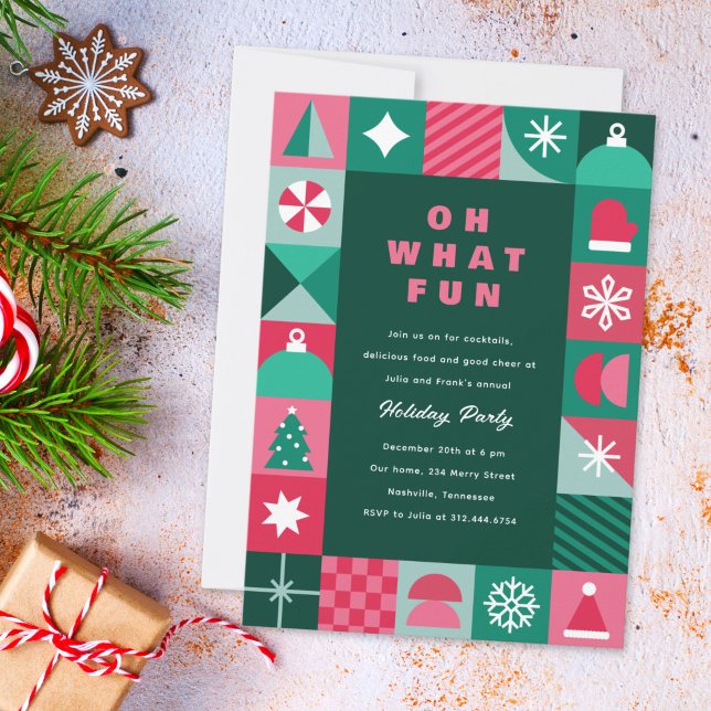 Moderna färgstarka geometriska former jul Party Inbjudningar (modern, geometric, fun, Christmas party invitation with simple festive icons)