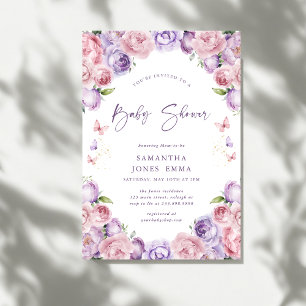 Moderna fjärilar Rosa lila babyfirande Inbjudningar