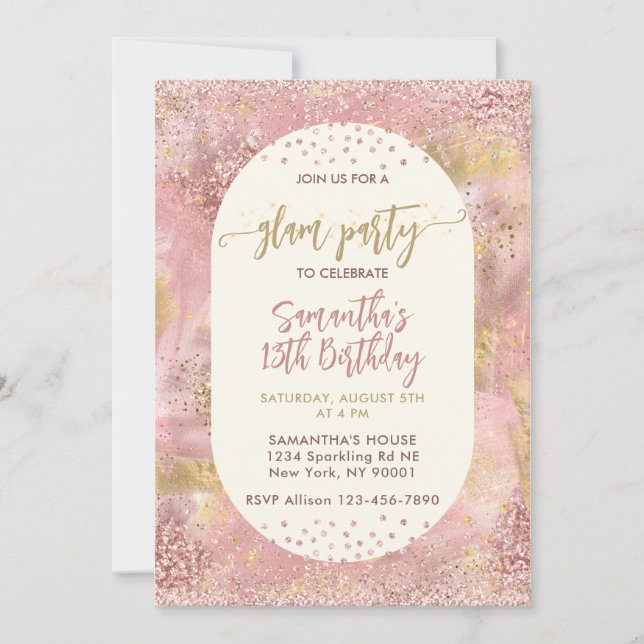 Moderna flickors glamour spa fest falskt rosa guld inbjudningar (Framsida)