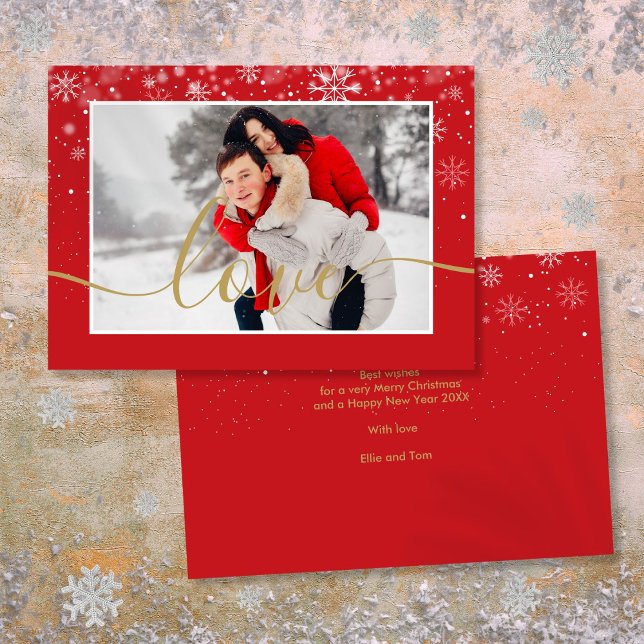 Moderna fotorullar med snöflingor Guld Kärlek Skri Julkort (Modern Photo Snowflakes Gold Love Script Holiday Card)