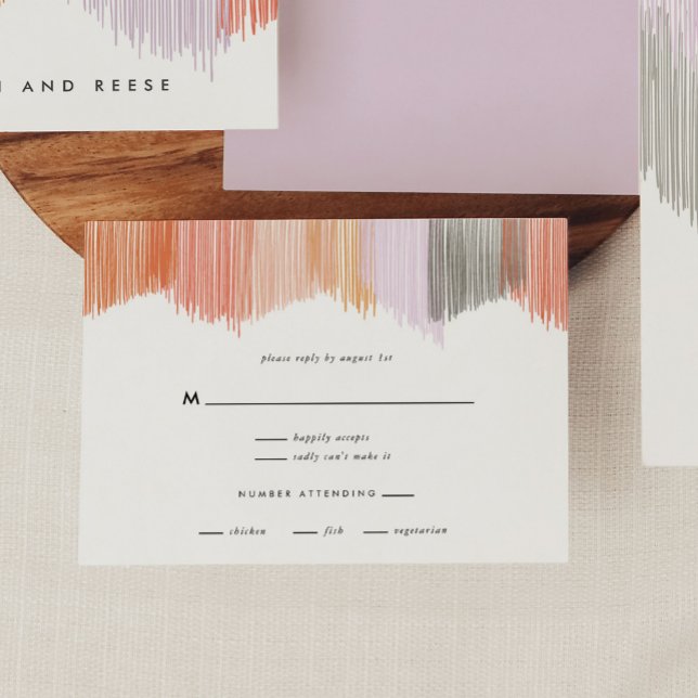 Moderna Fringe-bröllops-svarskort Meddelande Vykort (Pink Modern Fringe RSVP correspondence card.)