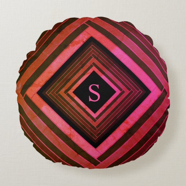 Moderna fyrkanter Rustik rosa geometrisk monogram Rund Kudde (Framsidan)