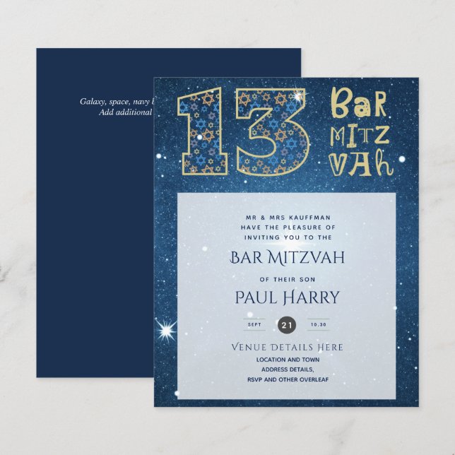 Moderna Galaxy Blue BAR MITZVAH-inbjudningar (Fram/baksida)