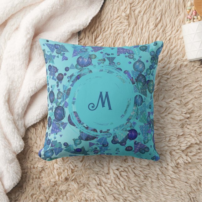 Moderna geometriska former med monogram i blått kudde (Filt)