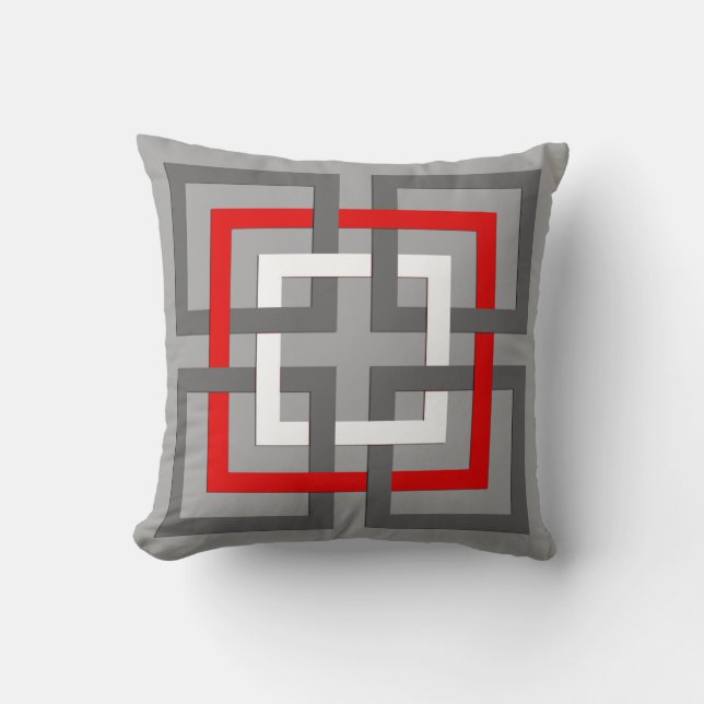 Moderna geometriska kvadrater, Grått, rött och vit Kudde (Framsida)