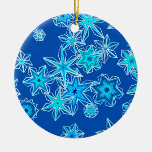 Moderna geometriska snöflingor, safirblå julgransprydnad keramik