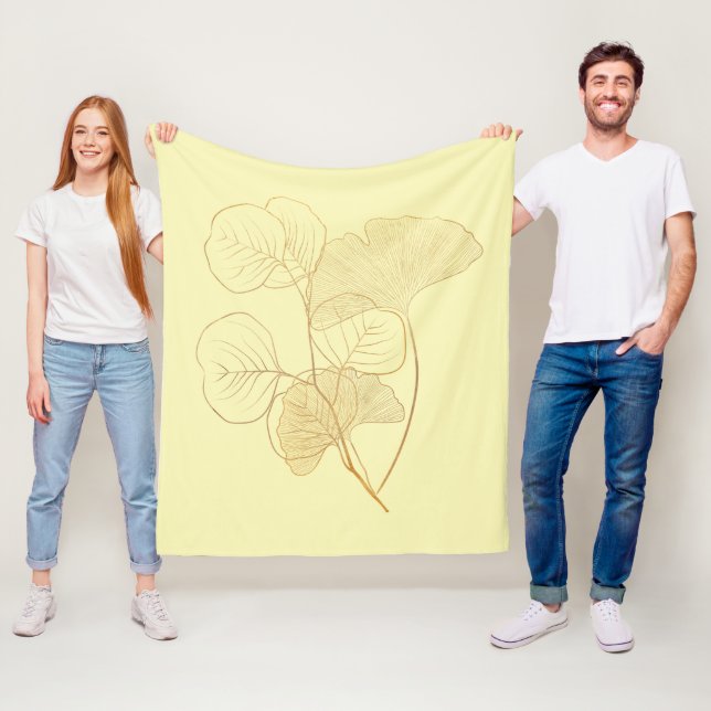 Moderna Gingkobladsblad i guld Fleecefilt (På plats)