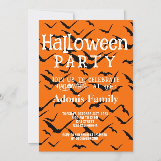 Moderna glada Halloween-fest black bat apelsiner Inbjudningar (Framsida)