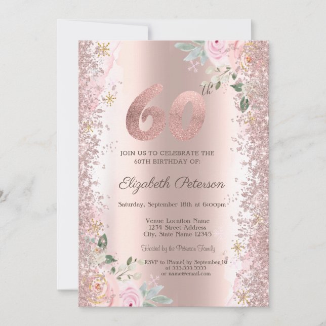 Moderna Glitter Konfetti Roséguld Rosor 60-årsdag Inbjudningar (Framsida)