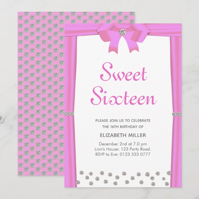 Moderna glitterdiamanter Sweet Sixteen Inbjudningar (Fram/baksida)