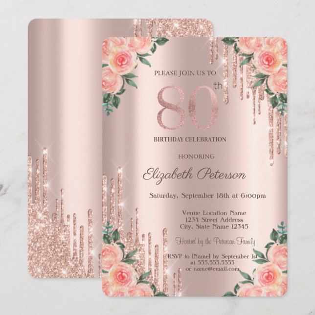Moderna Glitterdropar Blommig Roséguld 80-års Inbjudningar (Fram/baksida)