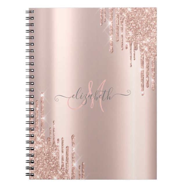 Moderna Glitterdropar Roséguld Monogram Anteckningsbok (Framsidan)