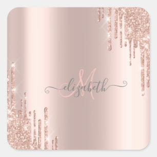 Moderna Glitterdropar Roséguld Monogram Fyrkantigt Klistermärke