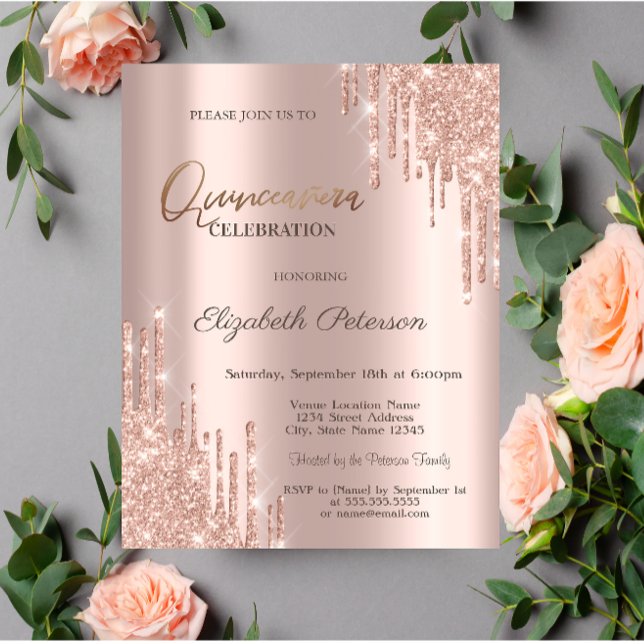 Moderna Glitterdropar Roséguld  Quinceañera Inbjudningar (Skapare uppladdad)