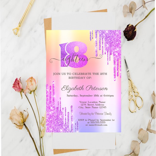 Moderna Glitterdropar Violett 18-årsdag Inbjudningar (Skapare uppladdad)