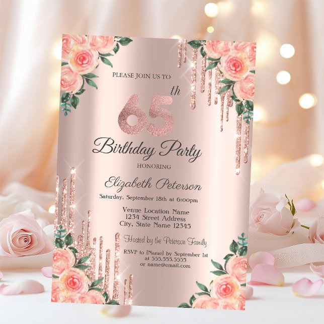 Moderna Glitterdroppar Blommig Roséguld 65-årsdag Inbjudningar (Skapare uppladdad)