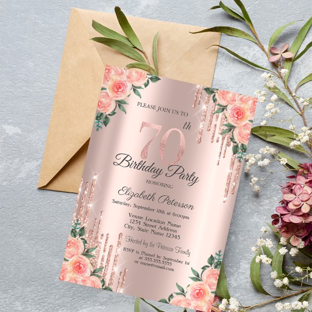 Moderna Glitterdroppar Blommig Roséguld 70-årsdag Inbjudningar (Skapare uppladdad)